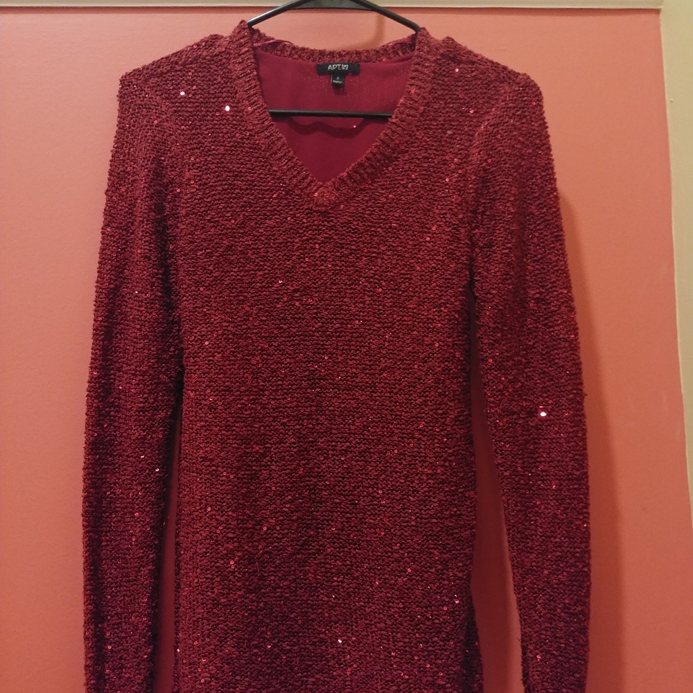 Red Sequined V-Neck Sweater